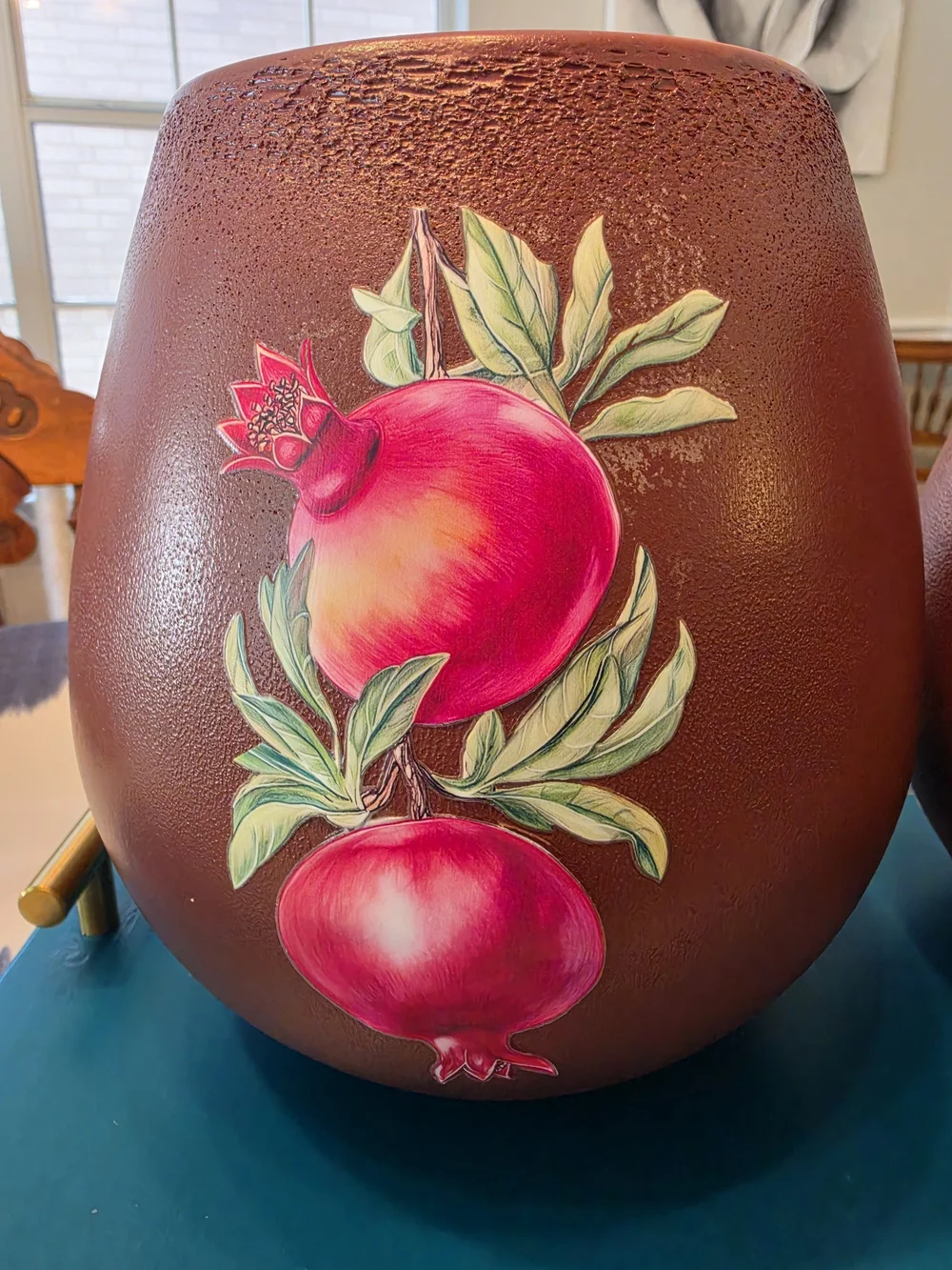 Pair of ceramic pomegranate decorative jars/vases Reddish-brown finish